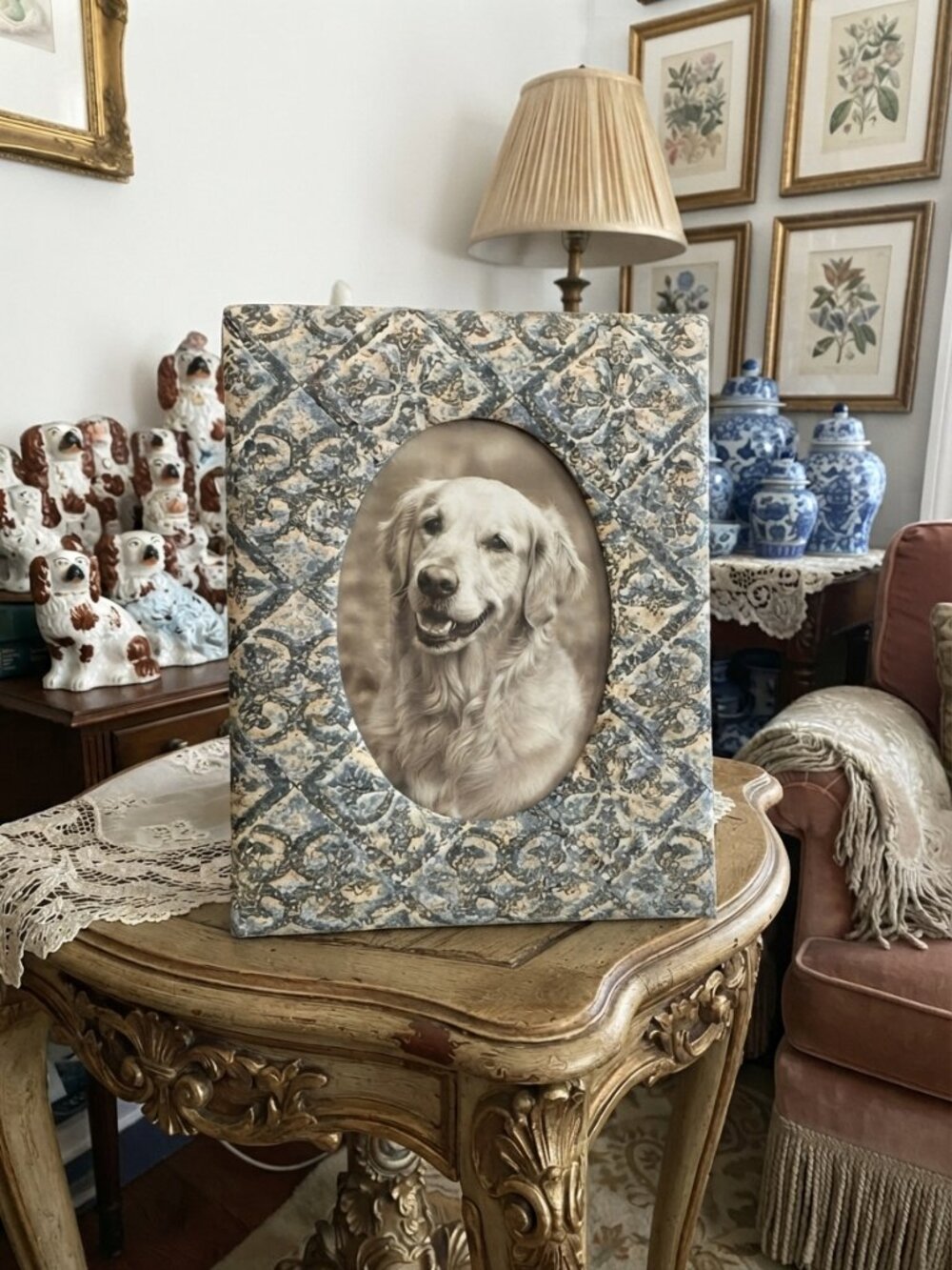 VTG Croscill Fabric Covered Picture Frame Oval Mat Cottagecore Grannycore 5x7